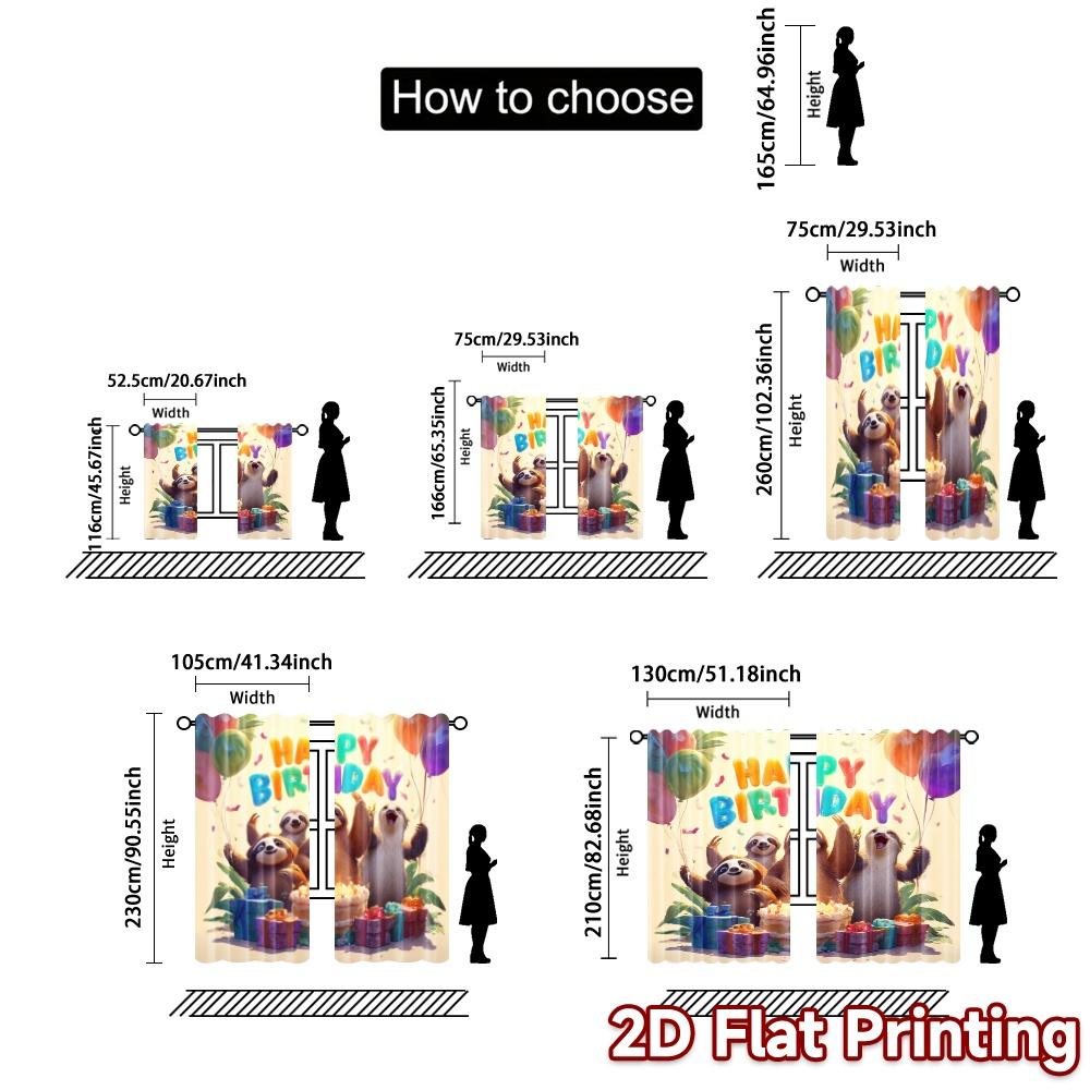 2pcs, 2D FLAT PRINTING Curtains (Without Rod) Sloth Celebration(2) Print Popular Curtains Polyester Easy Install Curtains