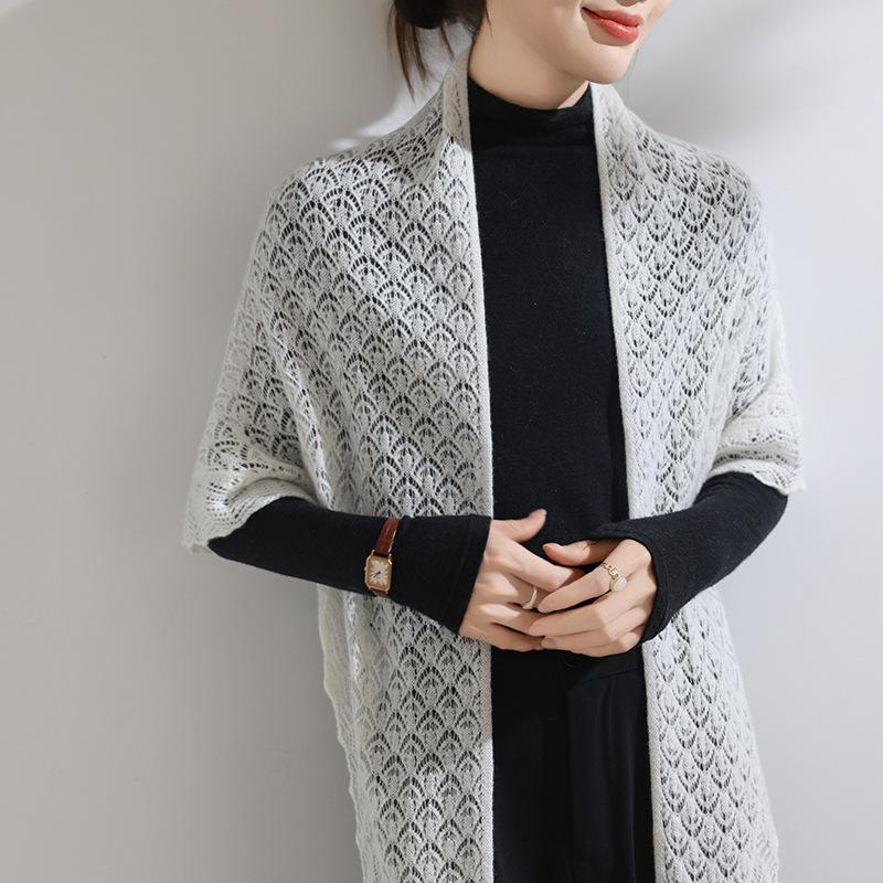 Women's 100% Pure Cashmere Hollow Knitted Shawl - Retro, Stylish & Versatile Solid Color Scarf