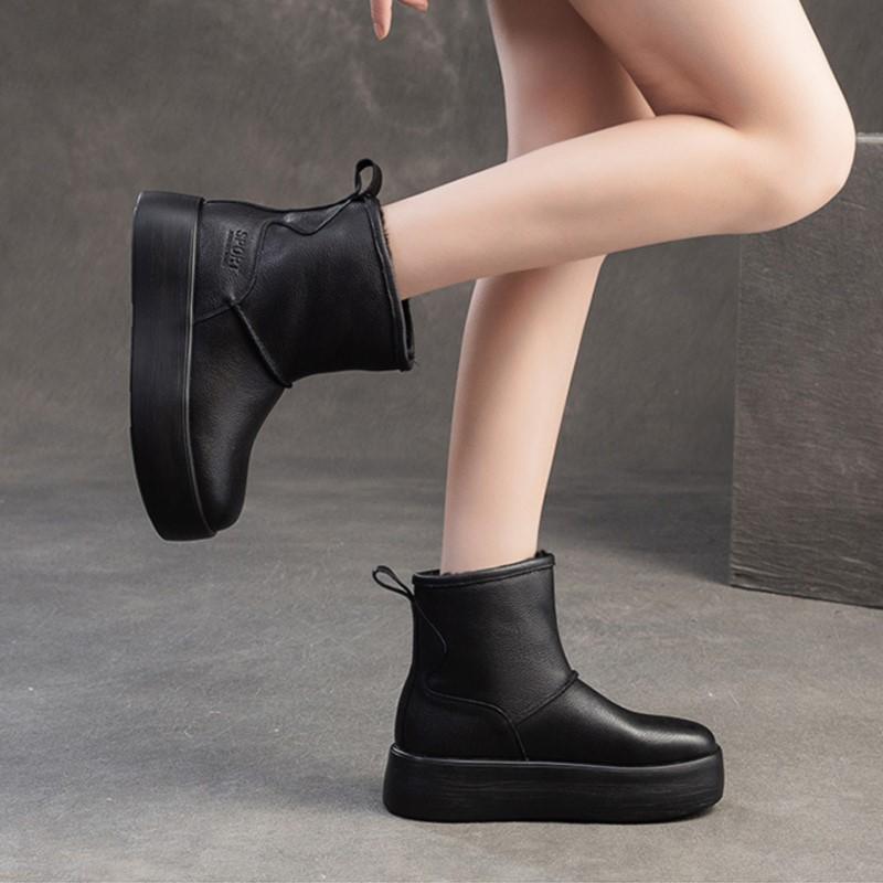 Johnature Versatile Snow Boots Plush Warm Flat Platform Short Boots Genuine Leather Women's Shoes