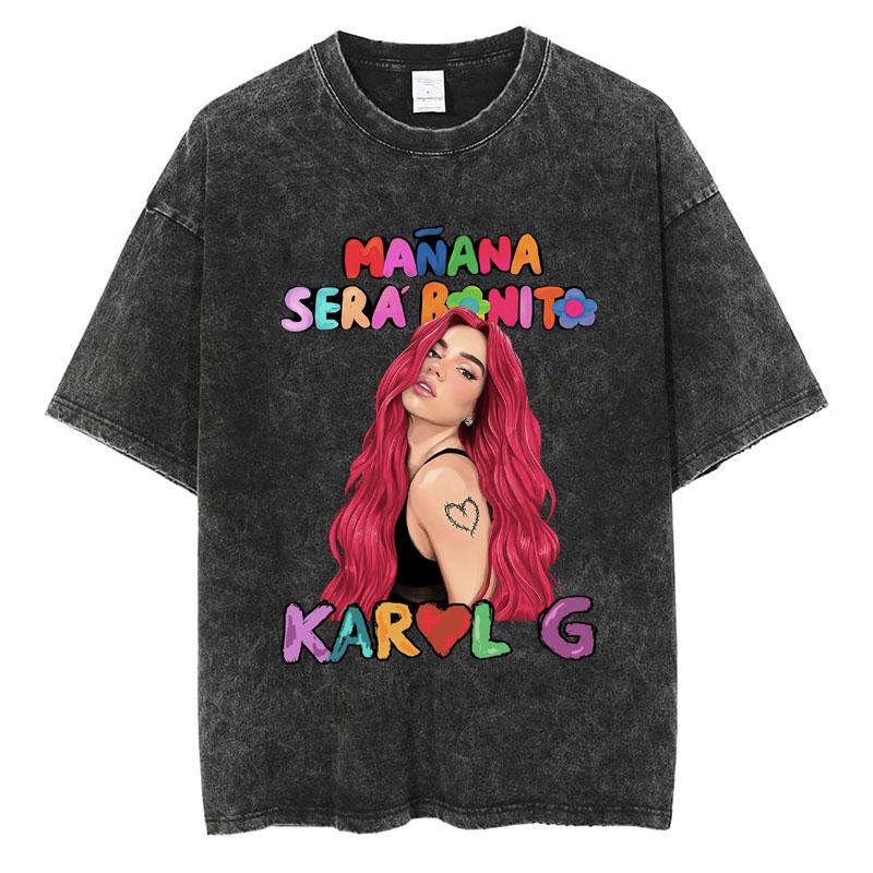 Fashion Karol G La Bichota Washed TShirt Aesthetic Hip Hop Men Women Short Sleeve Oversized Cotton Casual Tee Shirts Streetwear