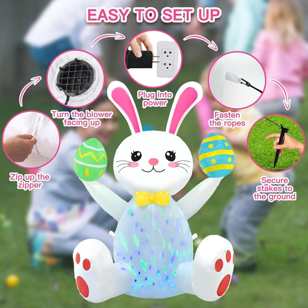 Easter Inflatables Outdoor Decorations 4ft Cute Inflatable Bunny Hold Eggs Blow Up Yard with LED Lighted Colorful Happy Rabbit Blow Ups for Outside