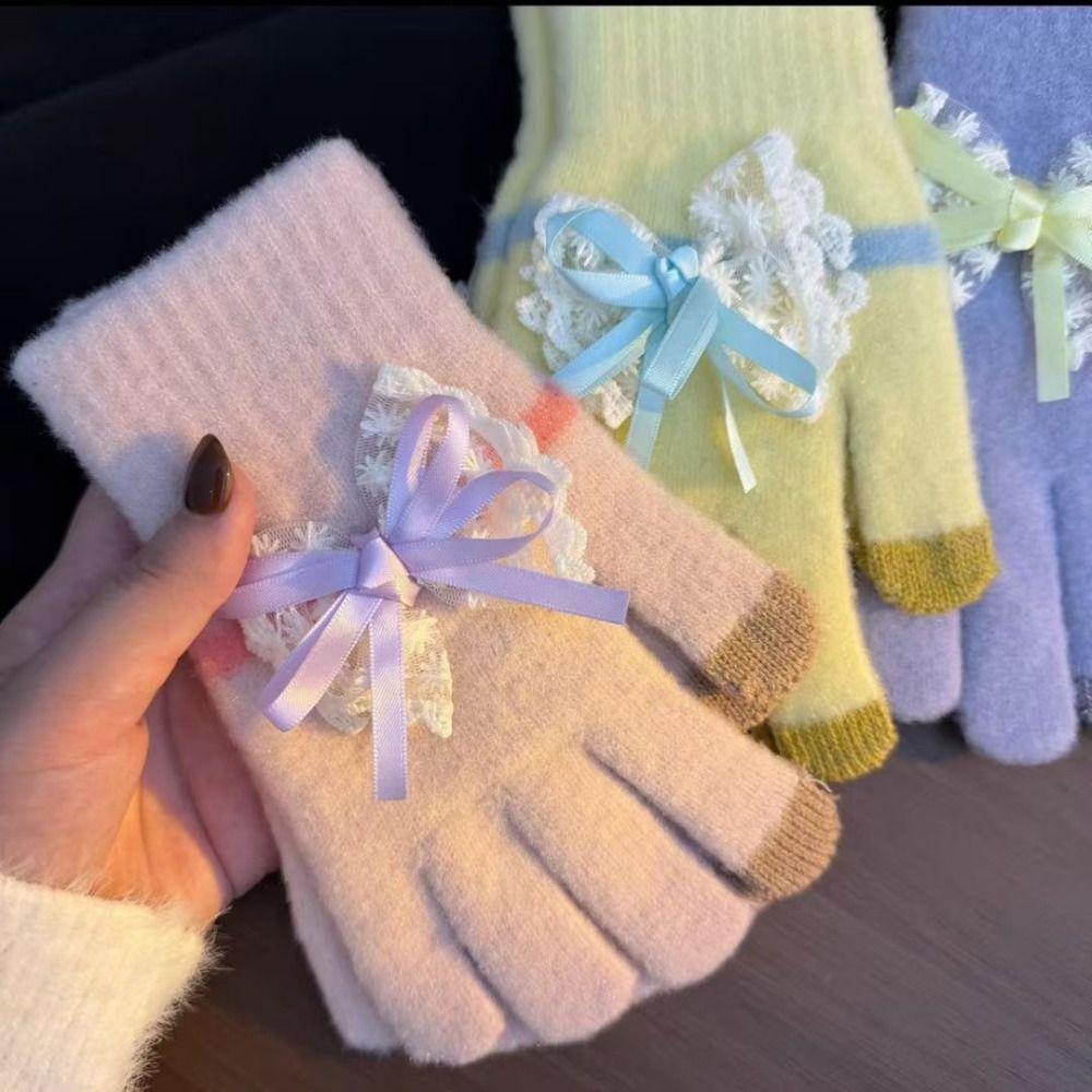 Cute Bowknot Gloves Thickened Comfortable Cotton Mittens Warm Touchscreen Full Finger Gloves Winter