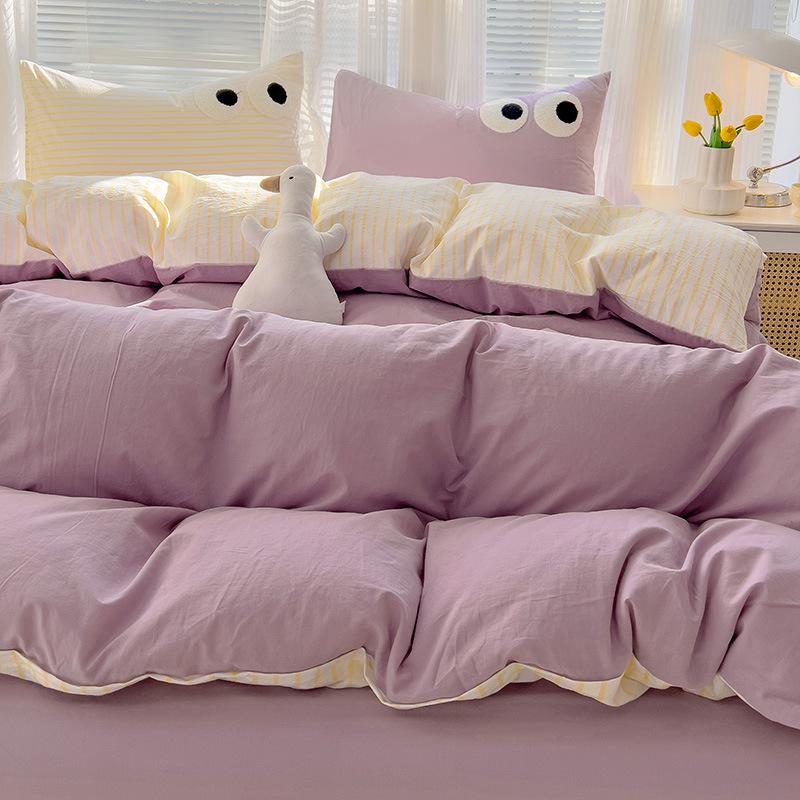 Class A Ins Pure Washed Cotton Bedding Four-Piece Set Quilt Cover Quilt Cover Bed Sheet Person Student Dormitory Three-Piece Set