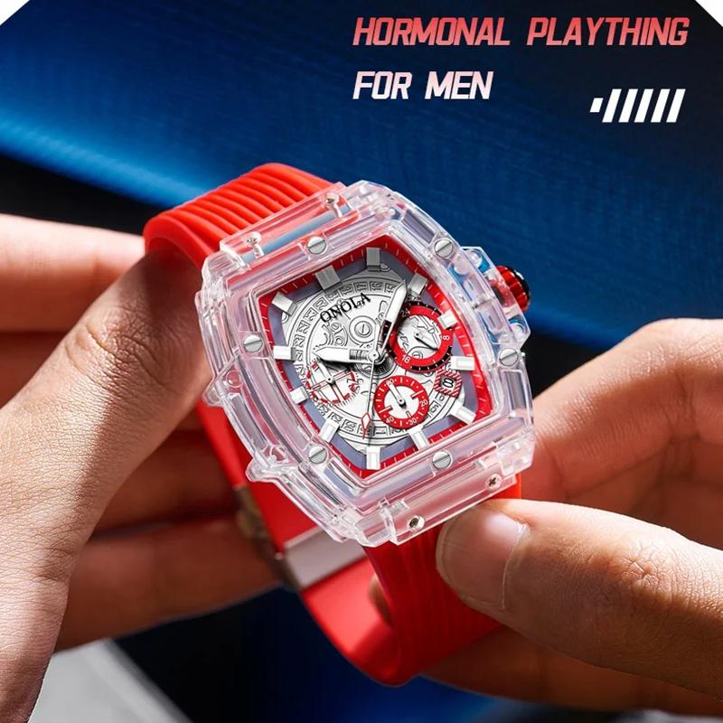 ONOLA Herreklokke Merke Gjennomsiktig Plast Vanntett Mote Sport Silikon Kvarts Klokker for Menn