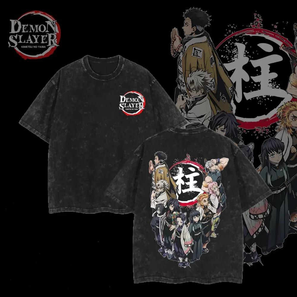 Hot Anime Demon Slayer Iguro Obanai Graphic T-shirt Men Washed Cotton Tshirts Casual Loose T Shirt Harajuku Male Vintage Tops