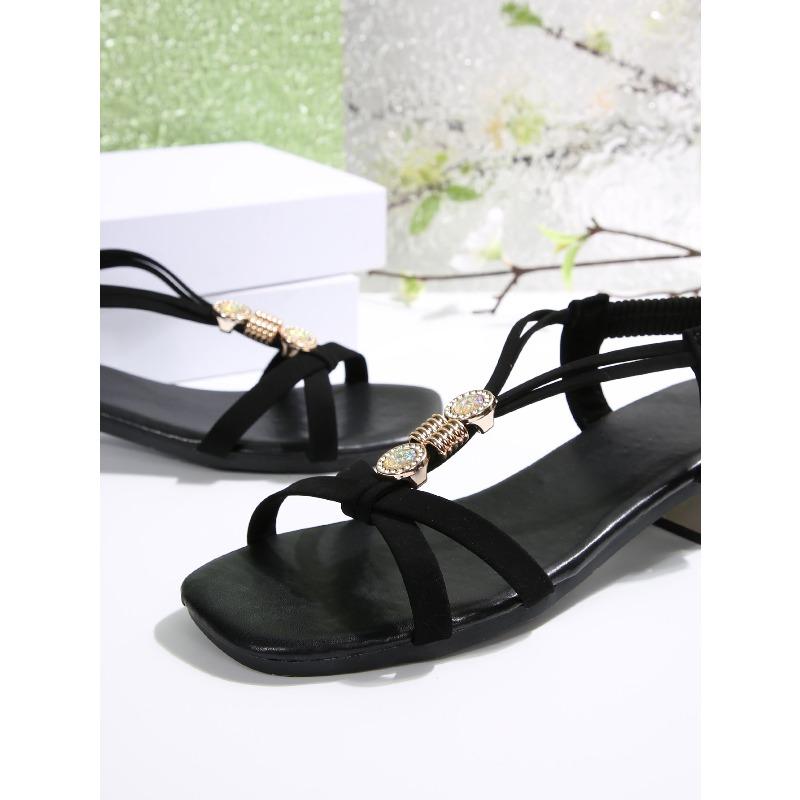 Square Toe Low Heel Sandals 2025 Summer New Plus Size Thick Heel Rhinestone Elastic Band Open Toe Sandals for Women