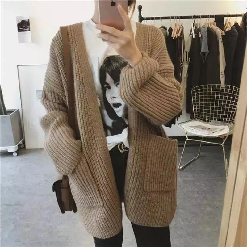 Autumn and winter medium and long loose thickened thick wool lazy wind sweater jacket female soft sister knitted cardigan