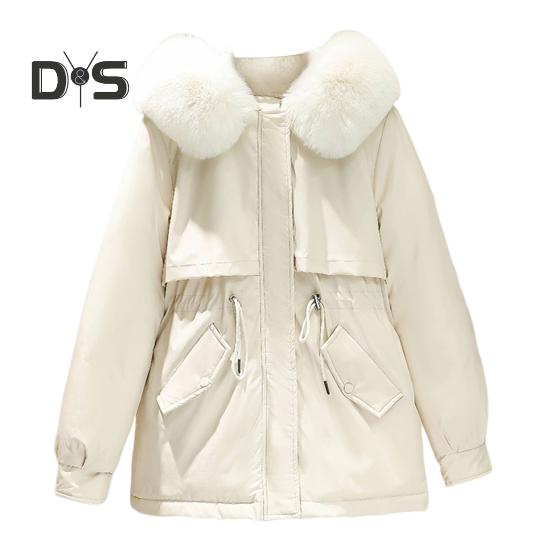 Casaco de inverno feminino com capuz peludo, mangas compridas, acolchoado, cordão, bolsos na cintura, casaco de algodão, fecho de zíper, comprimento médio, cor sólida, à prova de vento, casaco quente