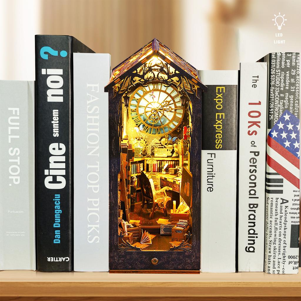 New DIY Book Nook Kit 3D Wooden Puzzle Bookshelf Insert Decor with LED Light DIY Miniature Dollhouse Model Kit Christmas Gifts