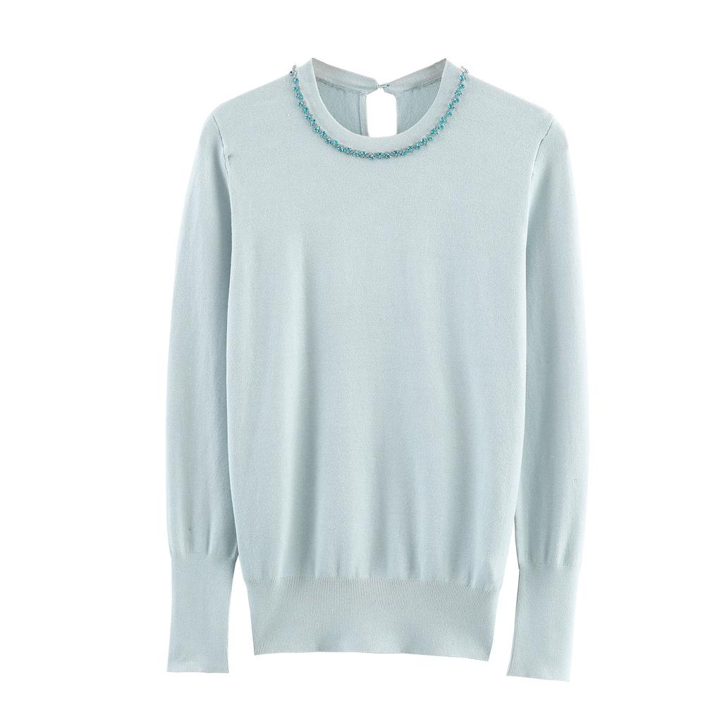 European and American Style, New Women's Clothing, Fashionable and Versatile Cross-border French Crew Neck Solid Color Jewelry Knitted Sweater