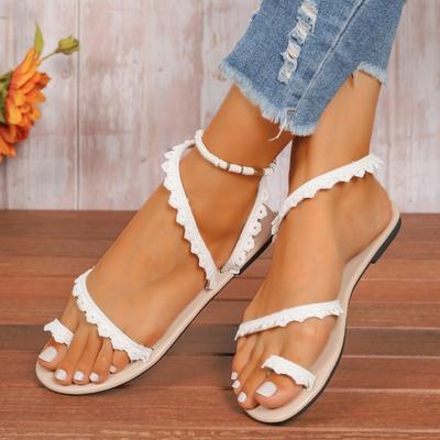 Sandalen Damen Blumenmuster Zehensteg Schnürung Blume Sandalen Römerstil Offene Zehen Flache Schuhe Damen Sandalen