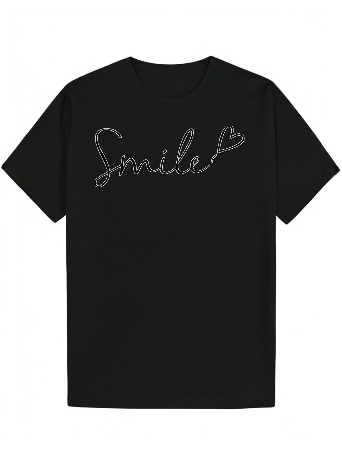Black Casual T-shirt - Lightweight Breathable Polyester Summer Everyday Shirt with Smile Cursive Lettering M