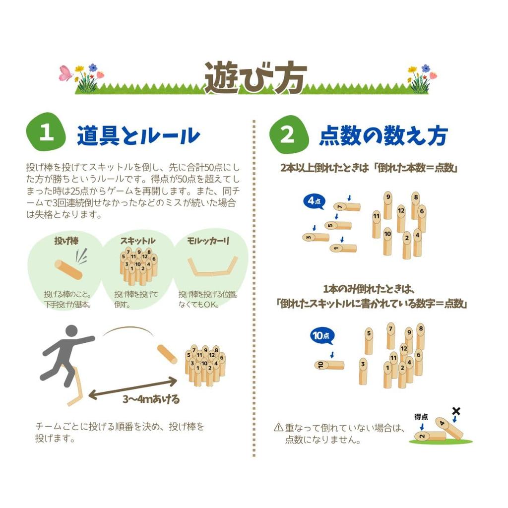 [Angelicate] Small Skittle Game Set with Throwing Sticks, Scoreboard, Storage Bag, and Instructions for Play. Outdoor, Competitive Wooden Game,