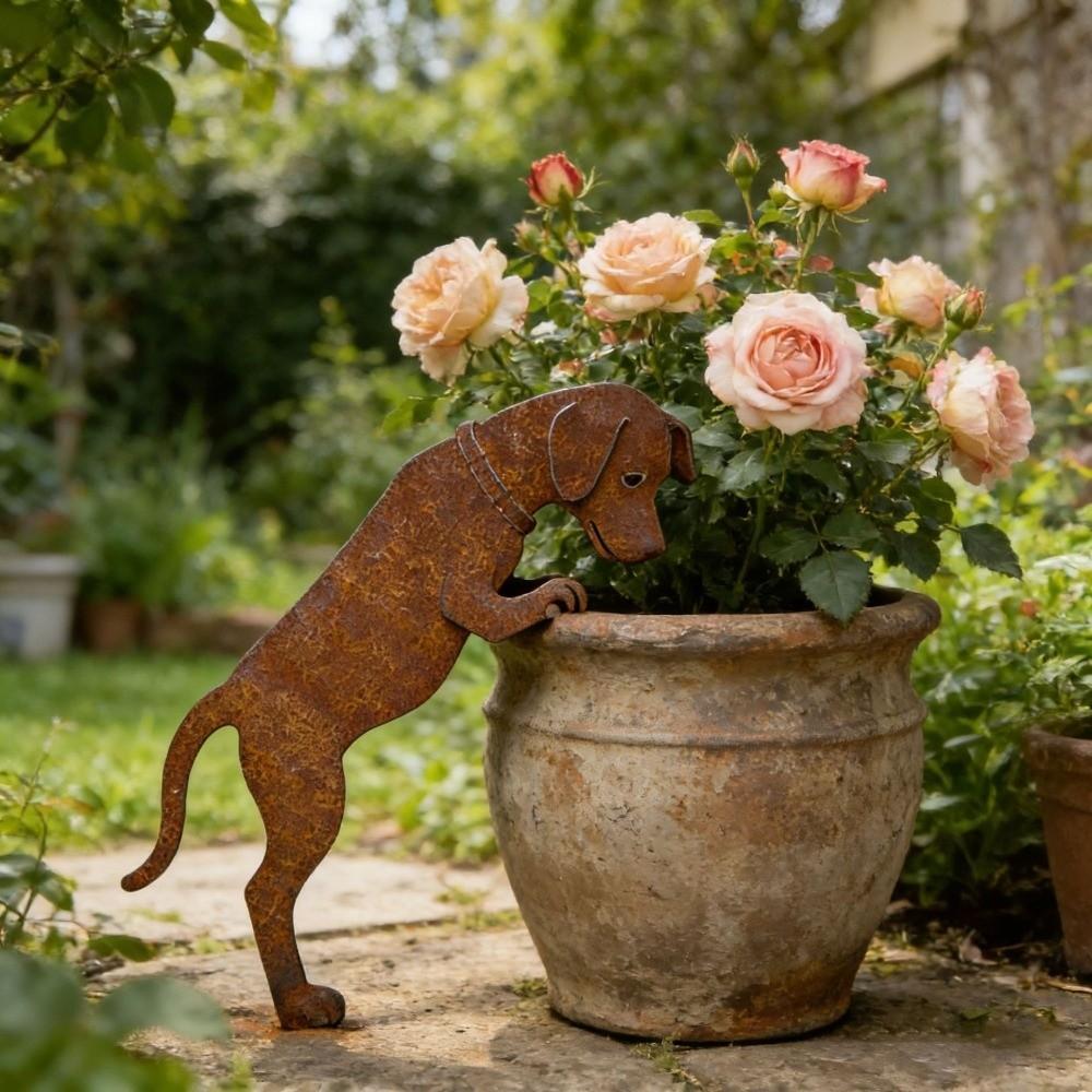 Rusty Finish Metal Dog Garden Statue Rustic Cat Lawn Ornament Dog Pot Hugger Decor  Courtyard