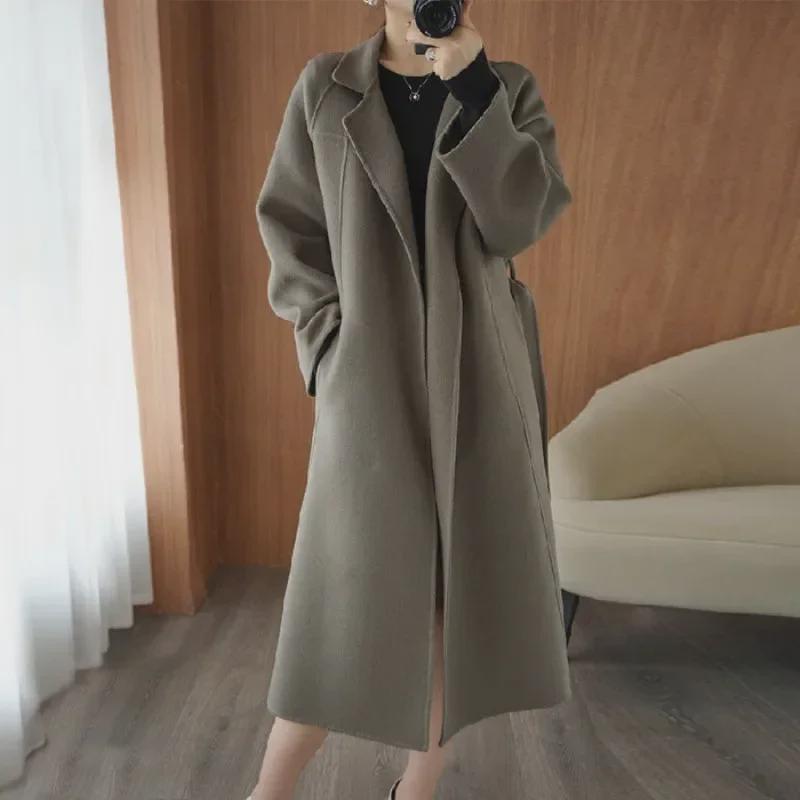Women's Knee-Length Double-Sided Woolen Coat, Loose Fit, Large Size, 2024 High-End Autumn/Winter Collection