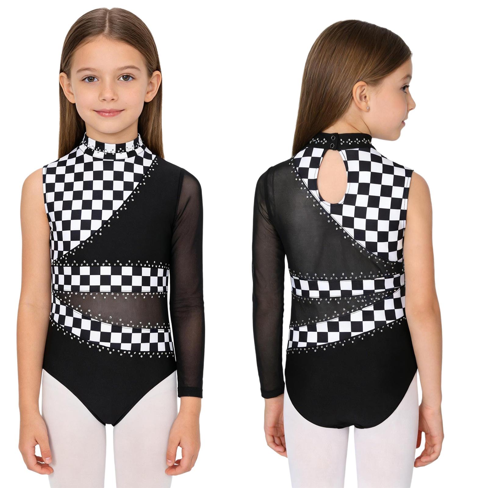

Девочки Гимнастический купальник Блестящий Пэчворк из Страз Асимметричный рукав Вырез на спине Застежка на кнопках внизу Комбинезон для Соревнований 9-10 Years чёрный