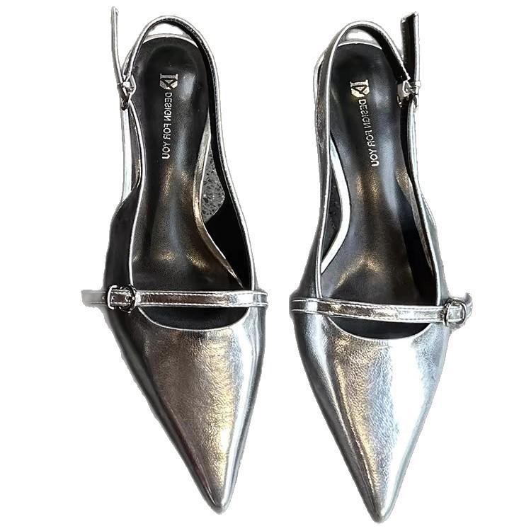 Pointed thin heel medium heel shoes women's 2025 spring and summer new one-word belt buckle low heel bag head sandals single shoes