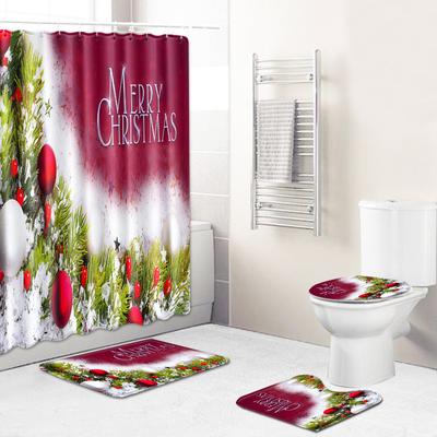 Christmas Bathroom Non-Slip Door Mat, Shower Curtain Floor Mat Combination Four-Piece Toilet Absorbent Carpet