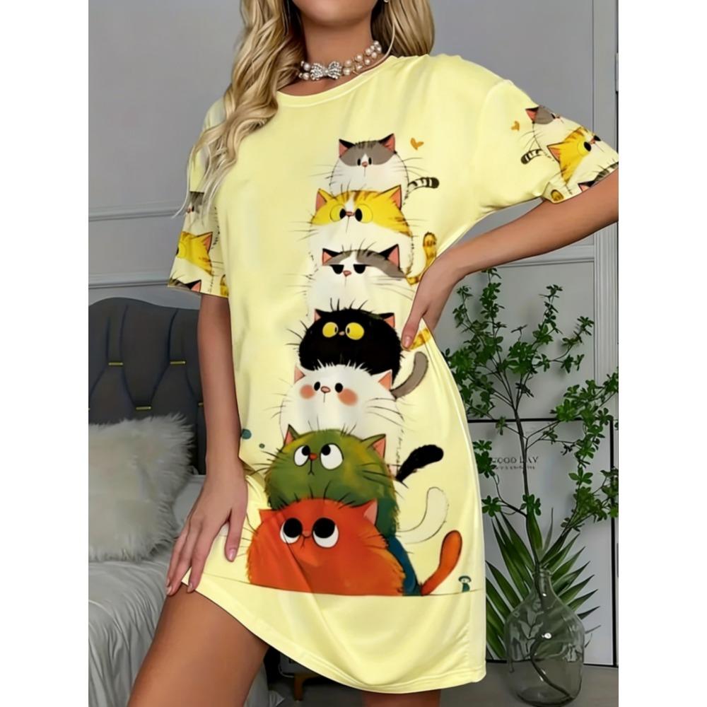 Robe d'été courte à manches courtes imprimée, motif animal créatif et amusant de dessin animé, grande taille, décontractée, confortable, douce pour femme