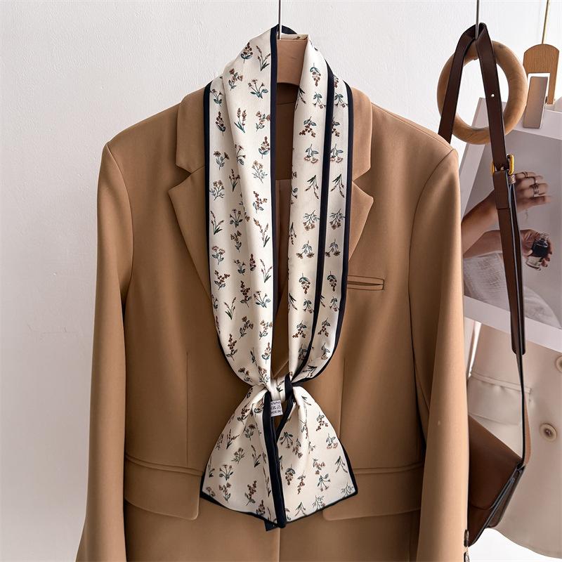 New temperament double-layer scarf streamer strap bag decoration suit scarf small long headband silk scarf women's printing narrow