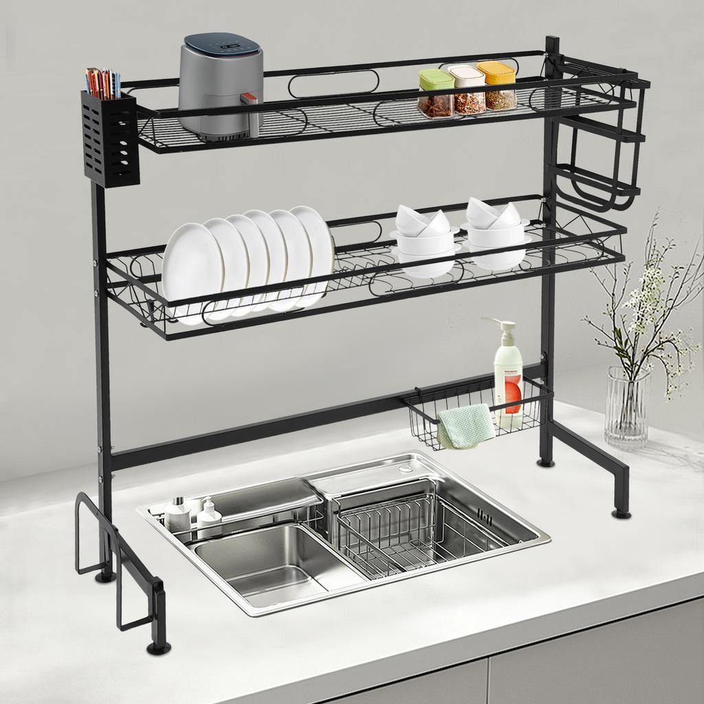 2-Tier Over Sink Dish Drying Rack with Cutlery Holder, Extra-Large 32 Inch Kitchen Counter Organizer, Draining Board for Dishes