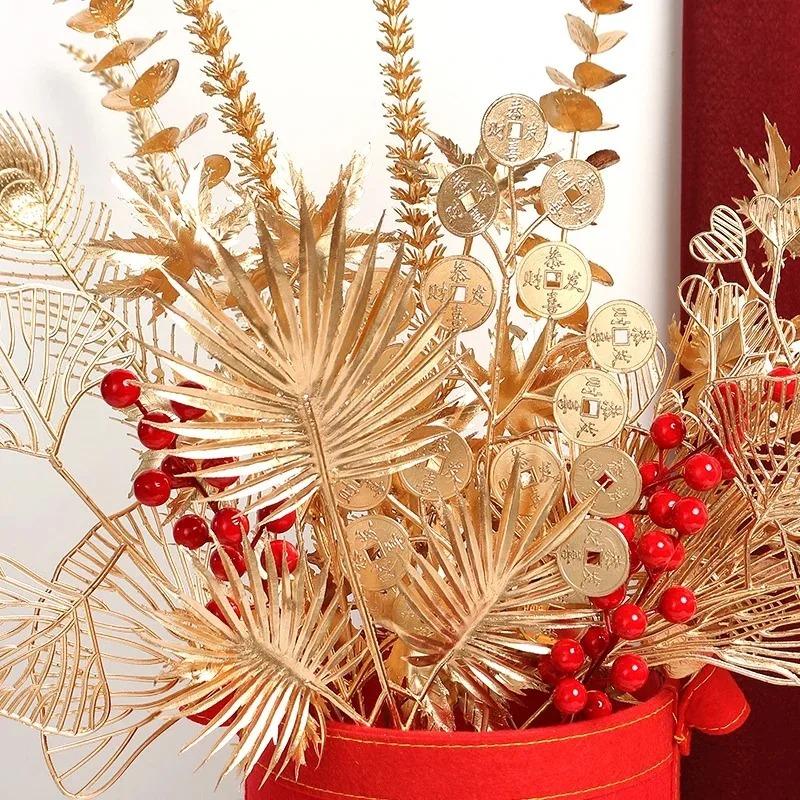 1/3/5Pcs Maple Leaves Gold Artificial Flowers Eucalyptus Home Decoration Outdoor Party DIY Tree Branch Accessories Wedding Decor