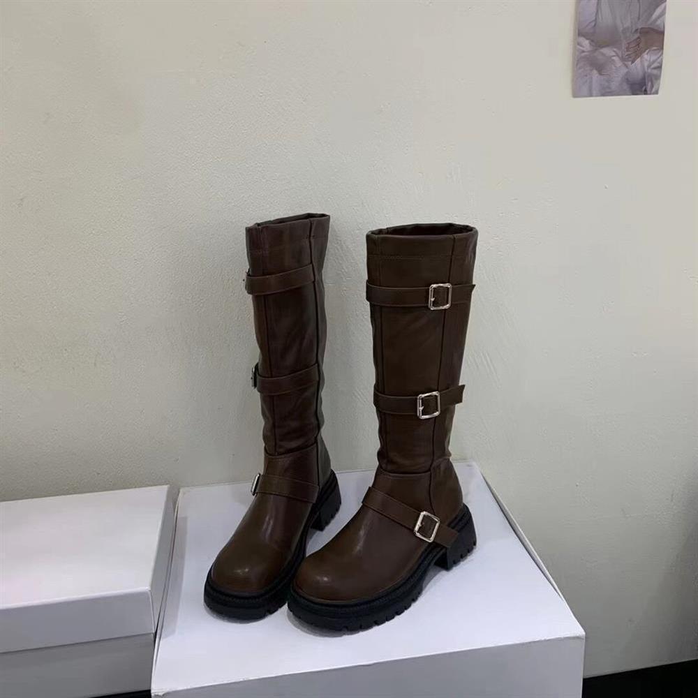 High Boots Women's 2025 Autumn and Winter New Models But Knee Thick Heel Retro Knight Boots French Belt Buckle Platform Boots