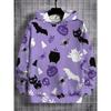 Boys' Halloween hoodie with pumpkin and cat patterns, long sleeved purple hoodie, suitable for trick or treating activities, daily autumn