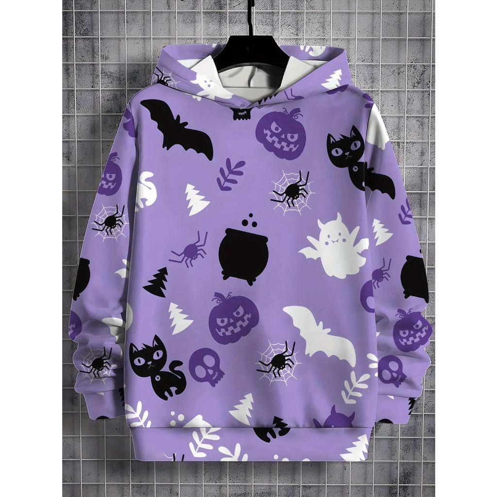 Boys' Halloween hoodie with pumpkin and cat patterns, long sleeved purple hoodie, suitable for trick or treating activities, daily autumn