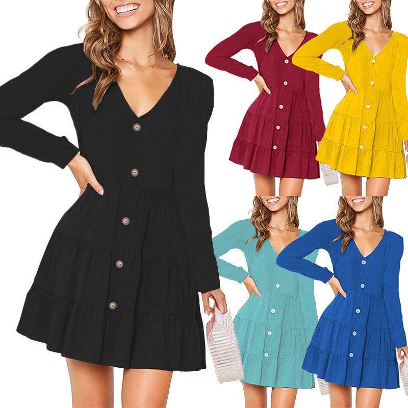 

Amazon Wish Europe and America Cross Border Fall and Winter New Arrival Button Pleated Dress V Neck Long Sleeves A- line Skirt Women s Clothing Blue XL