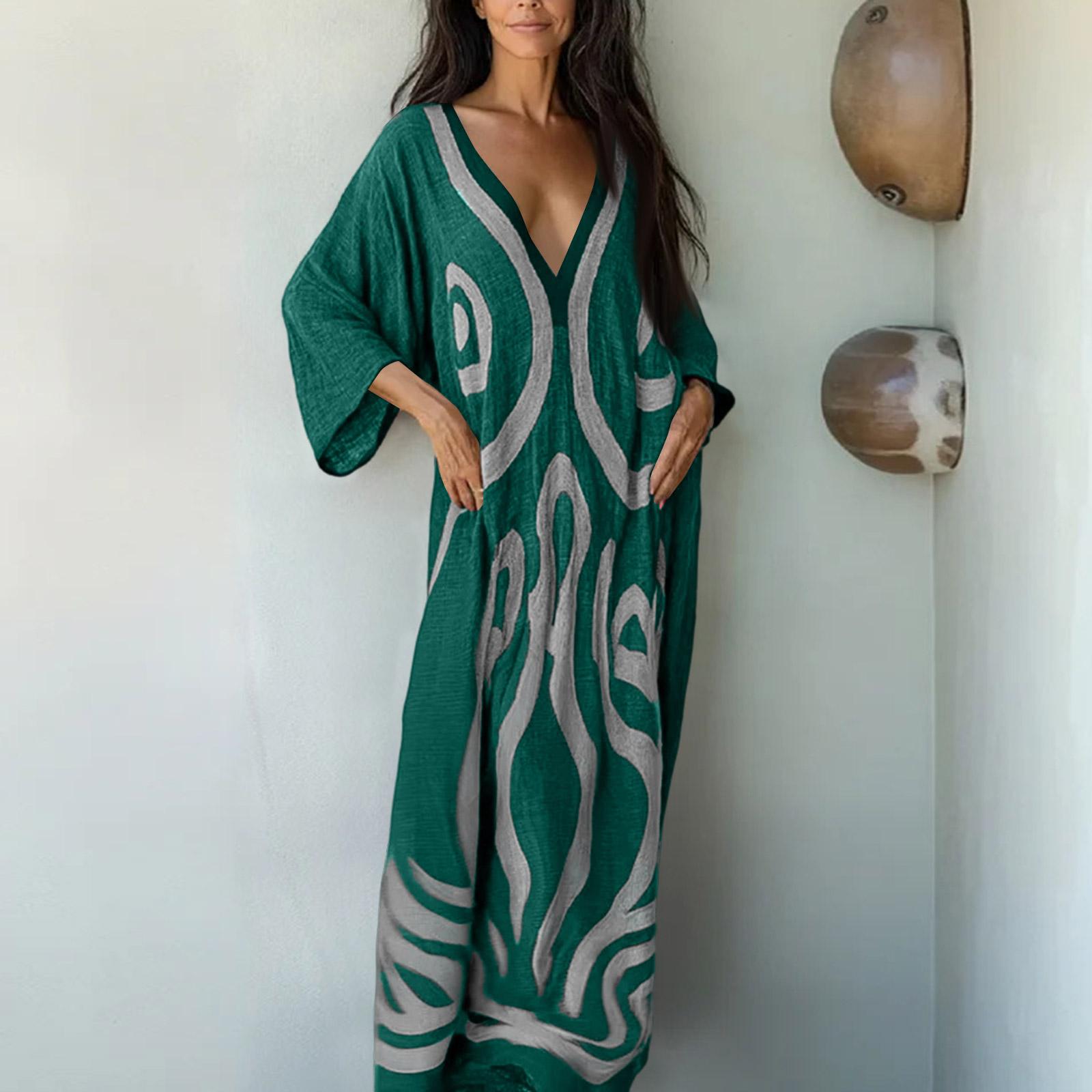 

Women V Neck Bohemian Print Kaftan Dress Loose Fit Maxi Robe for Beach Holiday Home Relaxation Casual Wear XXL зелёный
