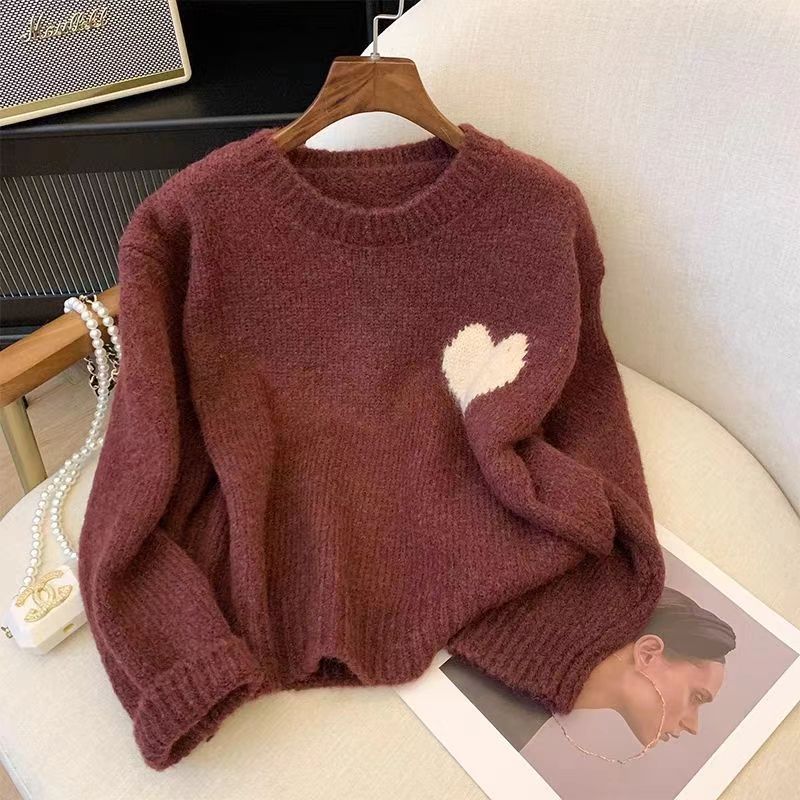 Lazy Style Retro Heart Embroidery Sweater for Women Spring Autumn Autumn Winter Gentle Style Loose Long Sleeve Knitwear