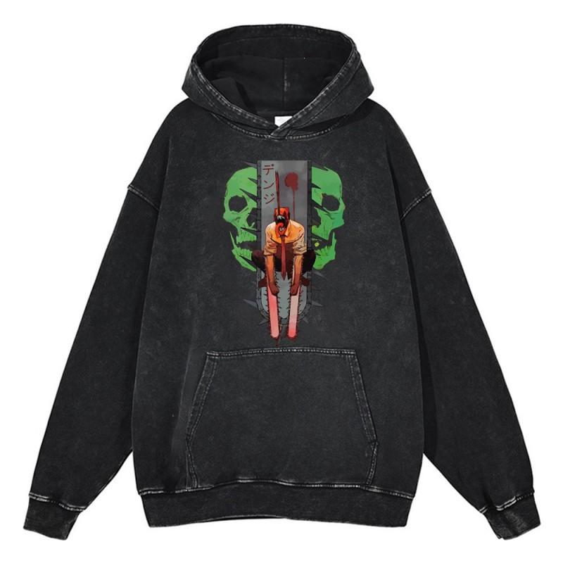 Heavyweight 440g Washed Vintage Denim-Style Anime Hoodie Men Streetwear Casual Sweatshirt