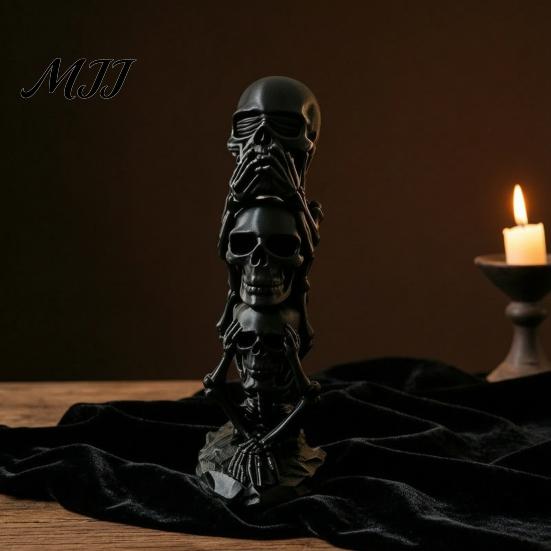 Halloween Tabletop Centerpiece Triple Stacked Skulls Figurine, Spooky See Hear Speak No Evil Skeleton Head Gothic Desktop Decoration Statue,