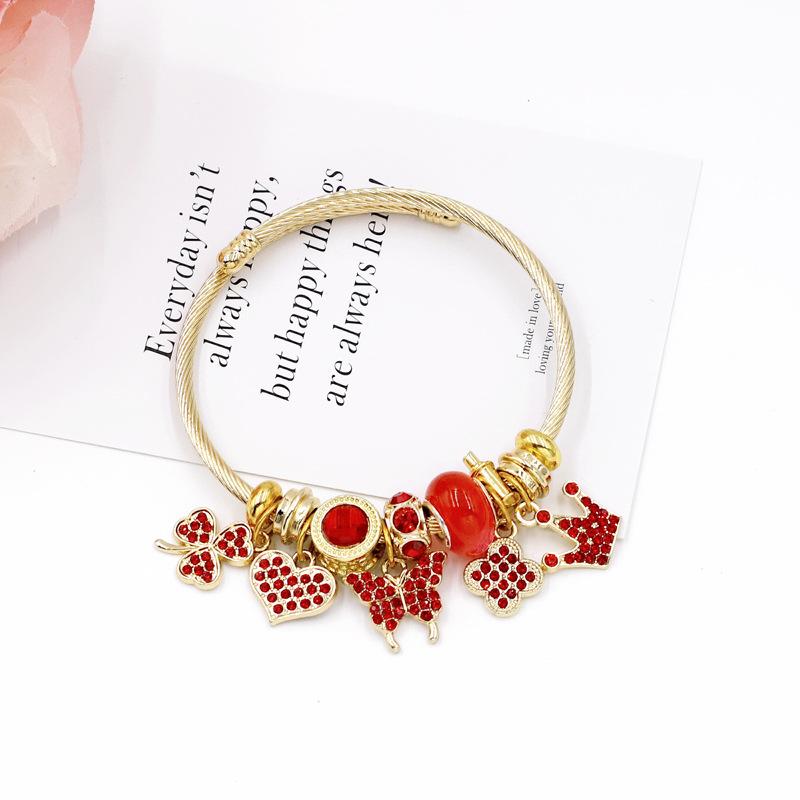 Delicate Diamond Butterfly Beaded Bracelet Best Friend Gift With Heart Crown Charm Stainless Steel Lucky Bangle красный