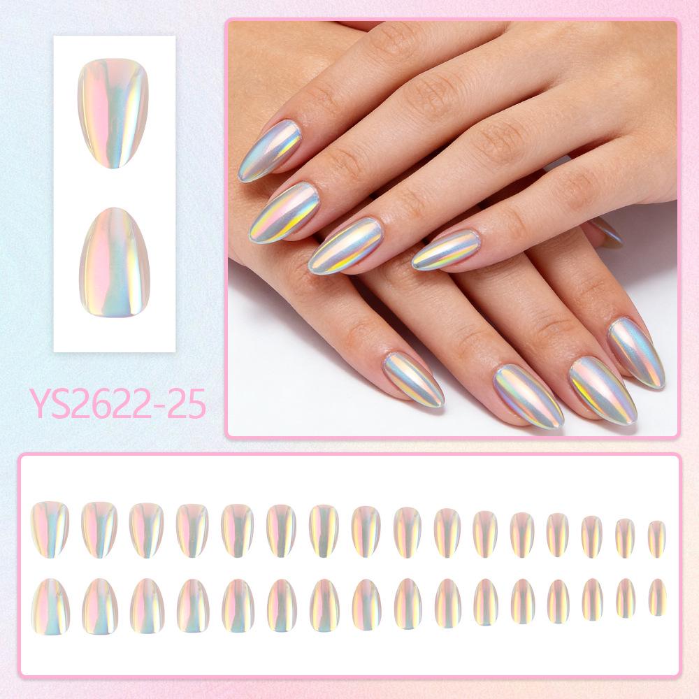 Iridescent Powder Blue Aurora Cat Eye Press-On Nails (32 Pieces) - Almond-Shaped, Skin-Brightening, Detachable.