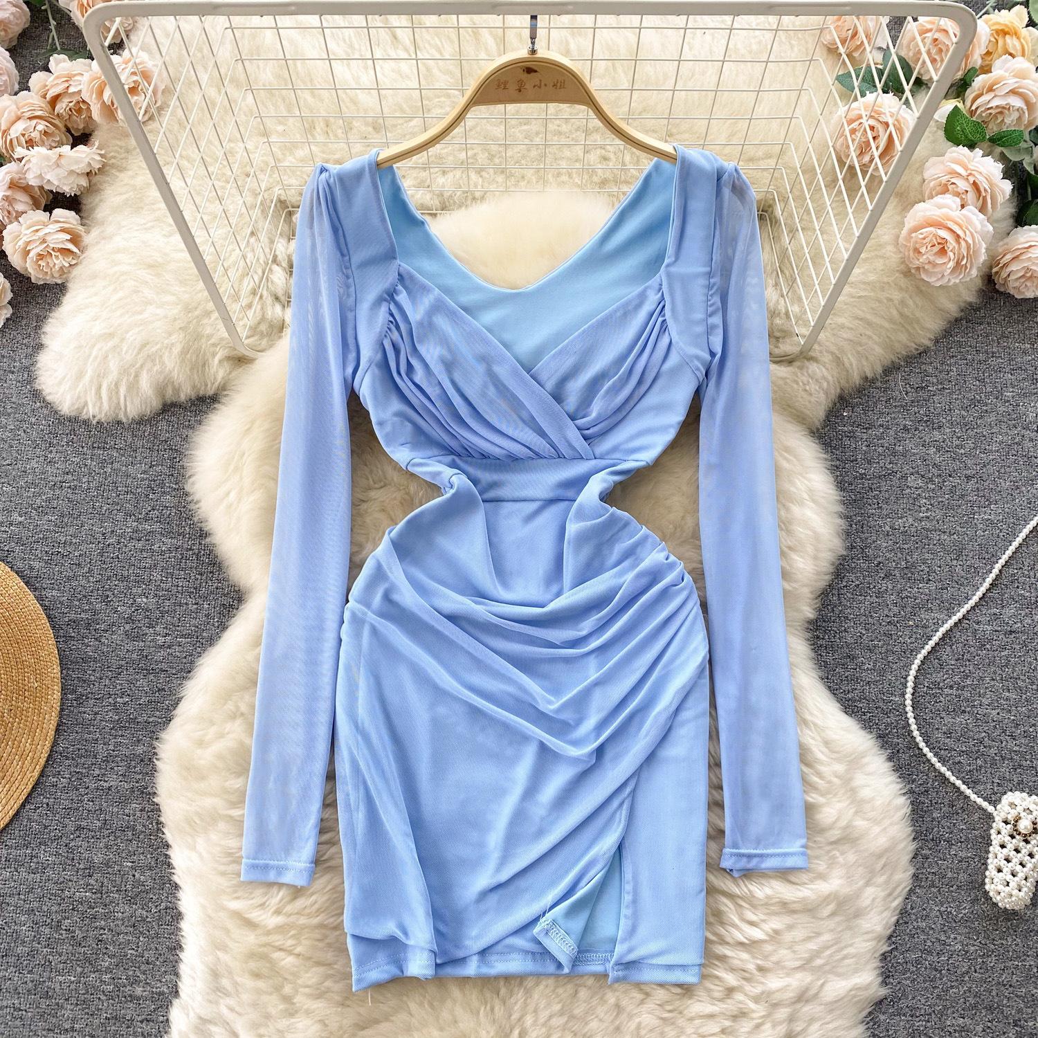 

Весенне-осеннее женское платье Легкое женственное платье для зрелых ветров Темперамент Тонкая упаковка Короткая юбка на бедрах Сетчатая юбка с длинными рукавами для ночного клуба L синий