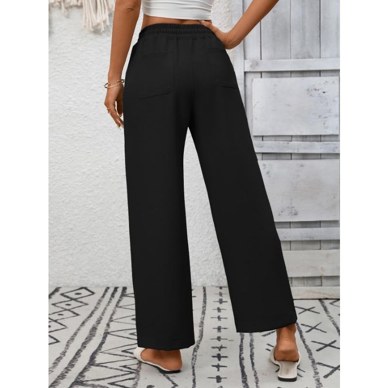 Summer New Women's Casual Drawstring Flowing Trousers Wide Leg Pants with Pockets