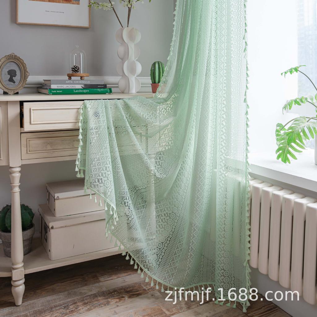 Cloth Dad Curtain American Country White Crochet Hollow Light Transmission Living Room Bedroom Kitchen Floating Curtain Finished Product