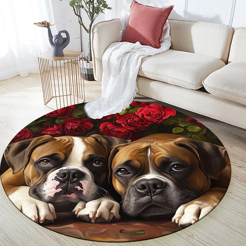 Runder Teppich mit Muster aus Boxern und Blumen, Teppich für Wohnzimmer, Schlafzimmer, Spielzimmer, Rutschfeste Fußmatte, Feiertagsgeschenke und Geburtstagsgeschenke.