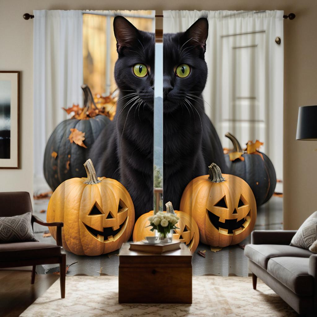 Set Of 2 Hd Halloween Black Cat Pumpkin Decorative Curtain Tie Digital Printed Home Decoration Style Decorate Polyester
