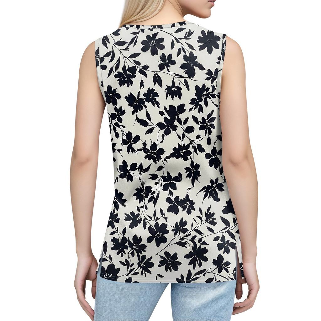 Women's Print Tank Top Button-down V-neck T-shirt Sleeveless Loose Fashion Top