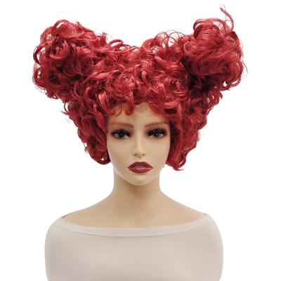 Red Queen High Quality Synthetic Short Roll Wig Raised Two Small Bun for Women Christmas Halloween Cosplay Party