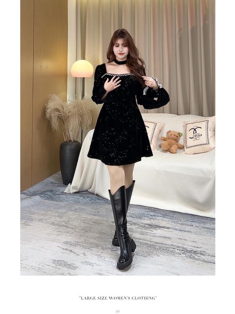 2025 Spring Korean Trend Square Neck Slimming Casual Plus Size Dress for Women
