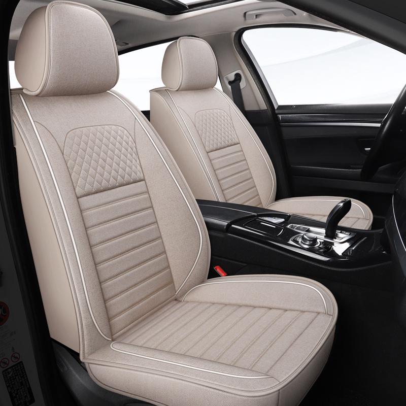 Universal Cotton & Linen Car Seat Covers, Four Seasons Fully Wrapped Five-Seater Cushions for Small Cars
