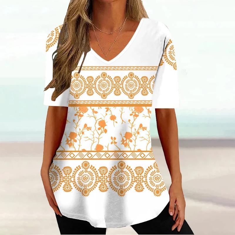 Summer V-neck 3D Retro Printed Top Fashionable Casual Short Sleeved Women's T-shirts