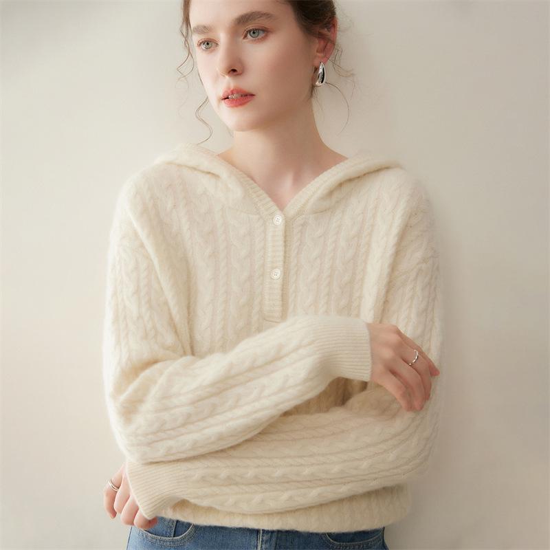 Women’s Loose Hooded Cashmere Sweater – Thick Cable Knit with Half-Open Collar for Autumn and Winter