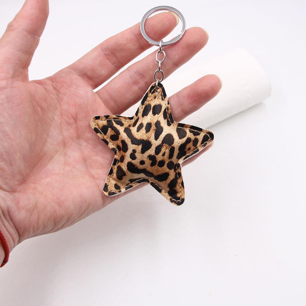 New Fashion Leopard Print Five-pointed Star Leather Car Keychain Luggage Pendant Women's Key Chain Bag Accessory Gift Decoration