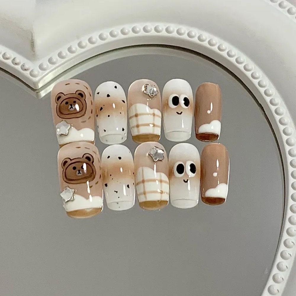 

Cute Milk Coffee Bear Plaid Nail Art Tips - Wearable, Soft, 24 Pieces