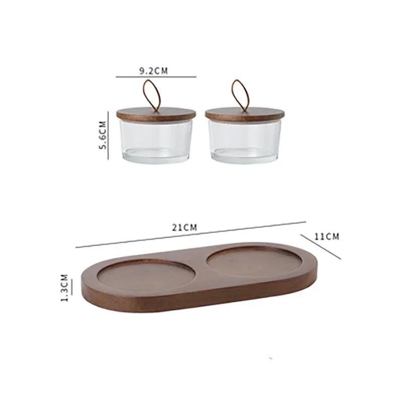Japanese Dried Fruit Plate Glass Storage Bottle with Wooden Tray Lid Nut Fruit Snack Compartment Tray Household Snack Tray